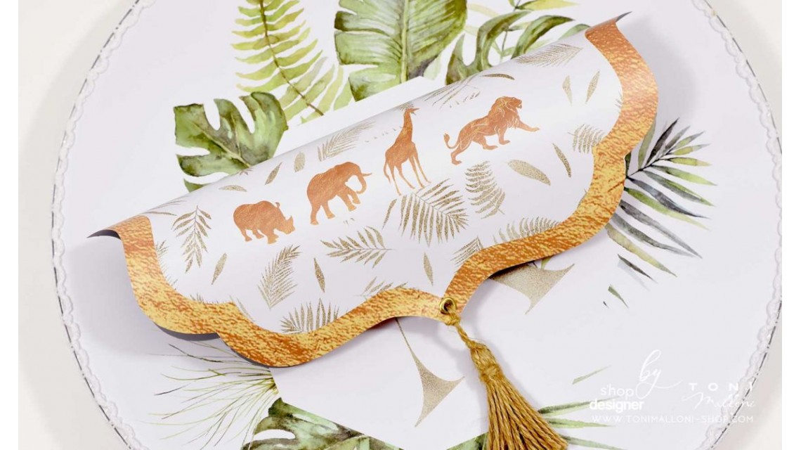 Trusou de botez cu animale gold din jungla si pattern frunze palmier Gold Jungle Tropical 19